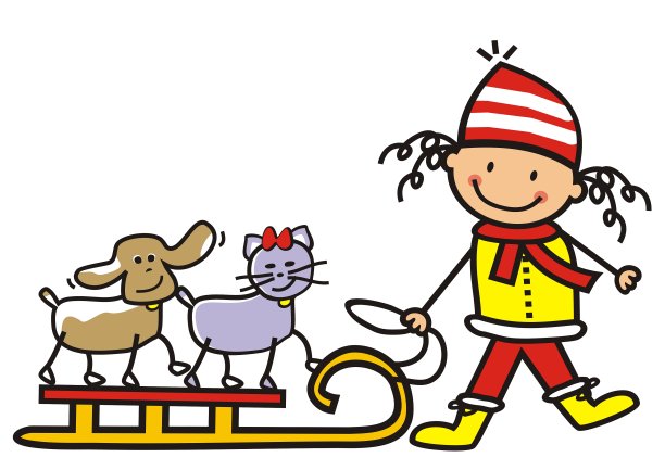 女孩与狗和猫与雪橇，矢量插图图片下载
