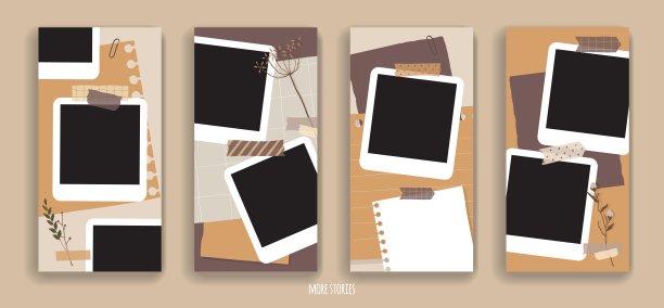 为社交媒体设计。一套instagram故事模板。个人博客模型。剪贴簿组成与笔记纸，磁带，花元素和相框。图片下载