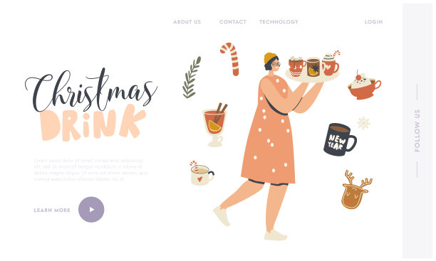 女人与杯子着陆页模板。快乐的女性角色携带托盘与热饮享受圣诞假期图片下载