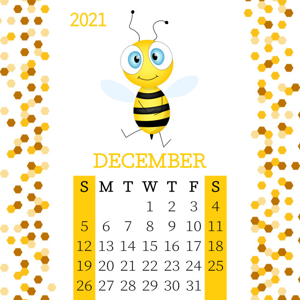 2021年日历。2021年12月的月历从周日到周六。年度计划。模板与可爱的手绘蜜蜂。矢量插图。的孩子。打印日历页。图片下载
