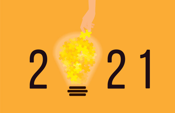 2021年黄色灯泡拼图，手持一块，创新的商业愿景，战略和解决概念。简约风格，平面设计矢量插图。本空间图片下载