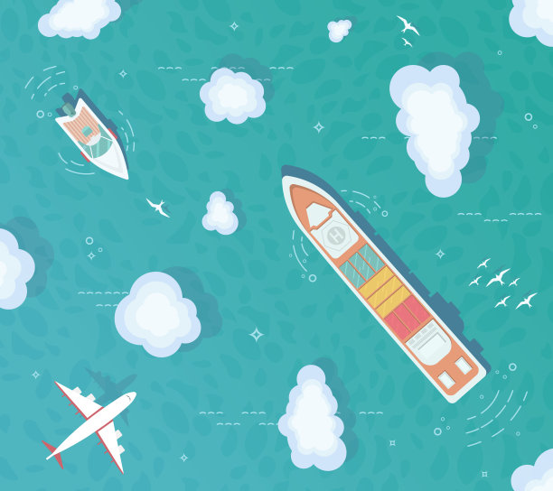 海洋的顶视图。集装箱船，货船，游艇，在海洋中央的小船。飞机飞过海洋。图片下载