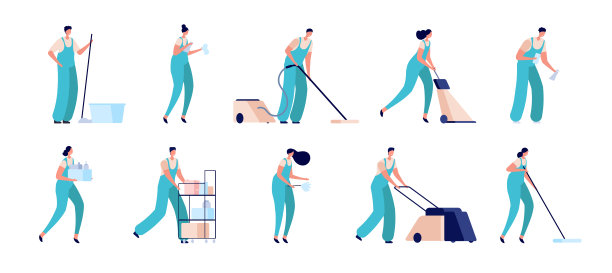 清洁人员。清洁工角色，商业家政服务。隔离专业工人用真空擦桶绝对矢量集图片下载