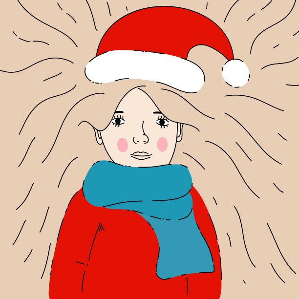 冬季矢量插图圣诞主题。戴着红圣诞帽的女孩，新年快乐。图片下载