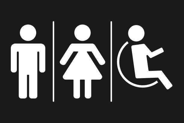 厕所，马桶平面矢量图标。男人和女人签到厕所。孤立在黑色背景上图片下载