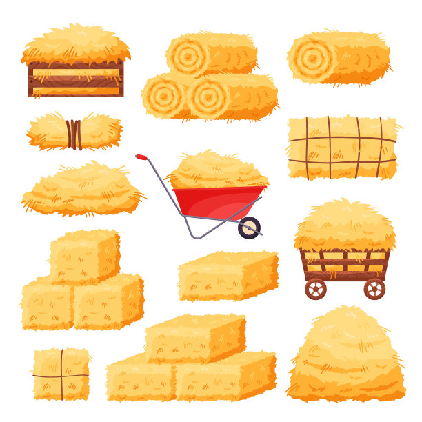 一捆干草。平坦的干草堆在货车和木箱上，饲料稻草在红色手推车上白色。农场干草堆图片下载