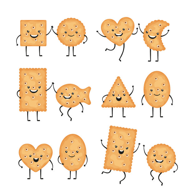 饼干字符。卡通风格的滑稽饼干。微笑薯片，白色背景上不同形状的零食。图片下载