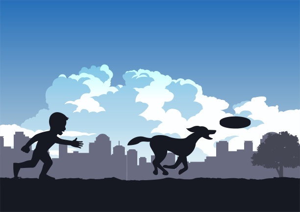 男孩喜欢在公园里和狗玩碟片图片下载