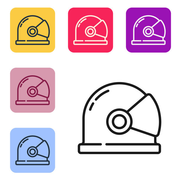 黑线宇航员头盔图标孤立在白色背景。设置图标的颜色方形按钮。向量图片下载