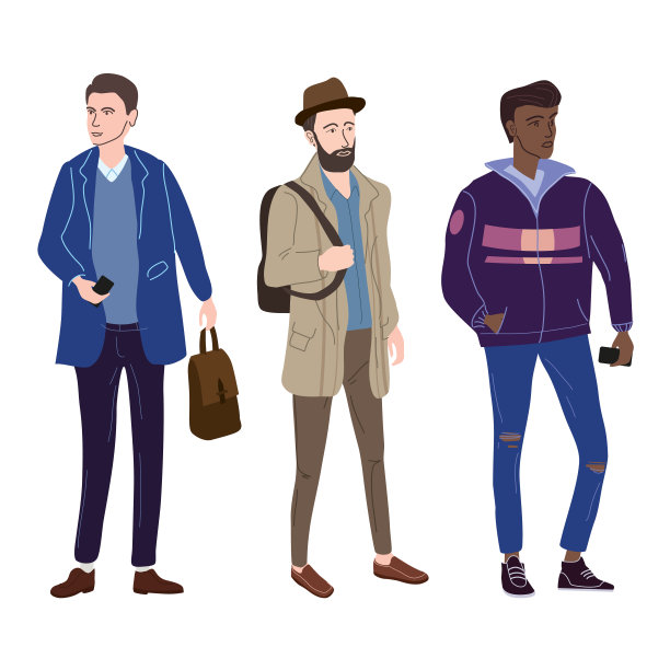 年轻人学生在现代秋天时髦的衣服。时尚休闲外套街头风格人物。平面卡通风格矢量孤立的插图图片下载