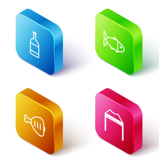 设定等距线啤酒瓶，鱼，鸡腿和露营帐篷图标。向量图片下载