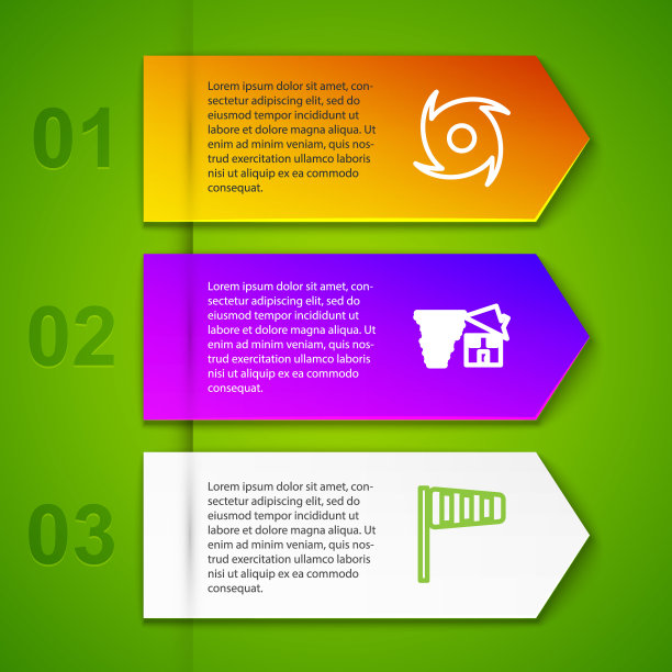 设置龙卷风，漩涡，锥形风向标和带雨和闪电的云。业务信息模板。向量图片下载