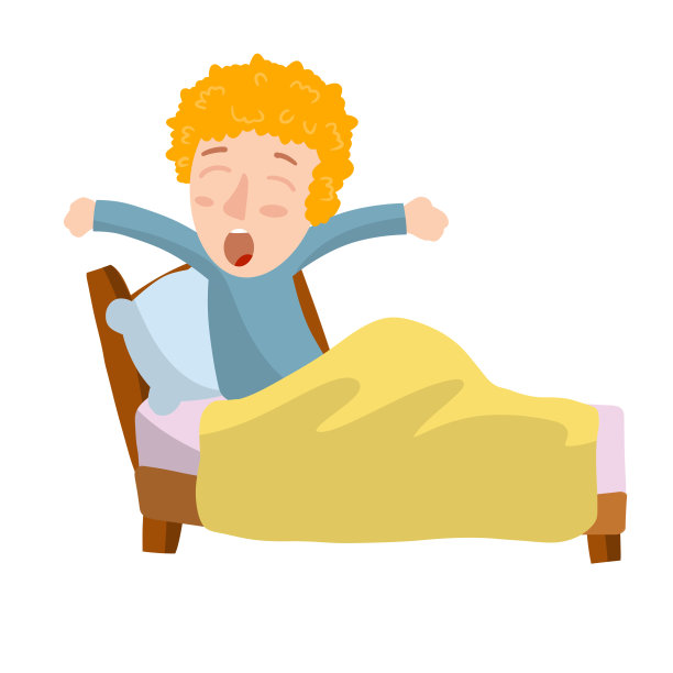 男孩在床上醒来。穿睡衣的孩子打哈欠。早上，睡觉，醒来。有趣的画。毯子和枕头。元素的卧室。平的卡通图片下载
