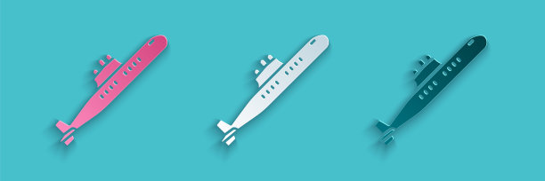 剪纸潜艇图标孤立在蓝色背景。军事船舶。纸艺术风格。向量图片下载