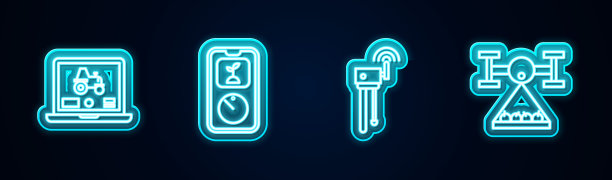 集线智能农场笔记本电脑应用，智能农场技术，路由器和wi-fi信号和无人机。发光的霓虹灯图标。向量图片下载