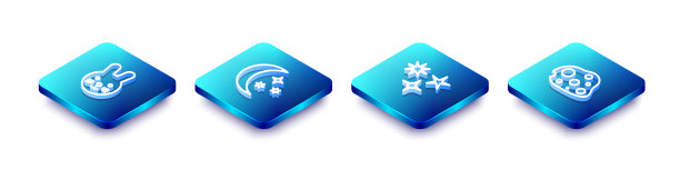 设定兔子生肖，月亮和星星，坠落和小行星图标等距线。向量图片下载