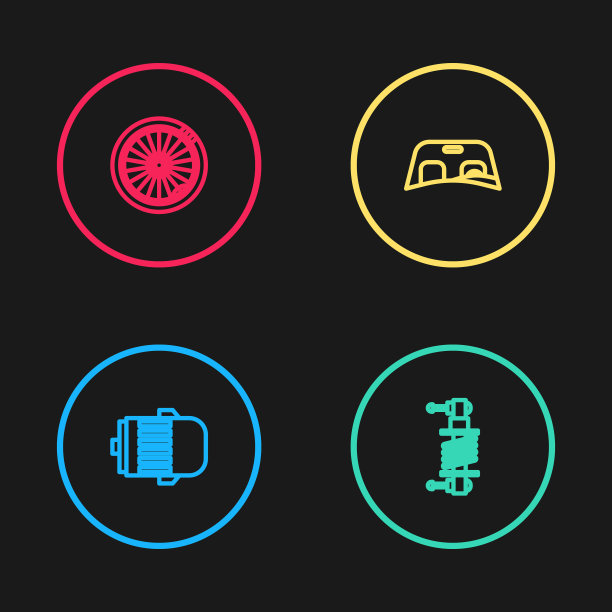 设电动发动机、减震器、汽车挡风玻璃、车轮标志。向量图片下载