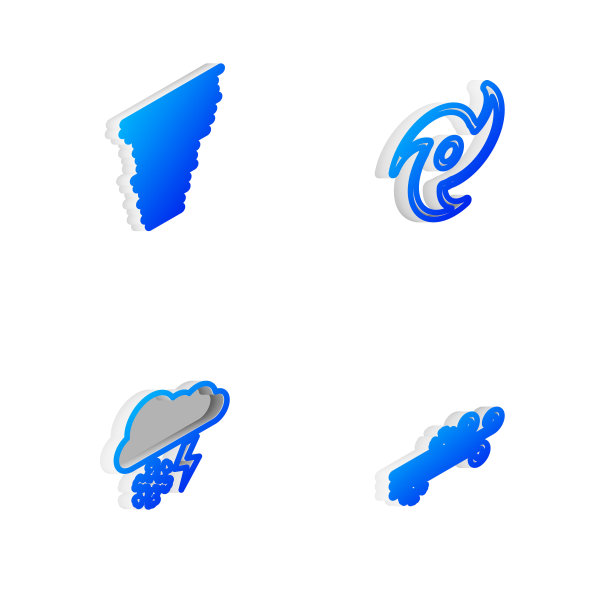 设置等距线龙卷风，云与雪和闪电和风图标。向量图片下载