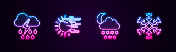 设定线云与雨和闪电，雾太阳，雪月亮和雪花。发光的霓虹灯图标。向量图片下载