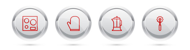 电炉、烤箱手套、法式压壶、披萨刀。银圈按钮。向量图片下载