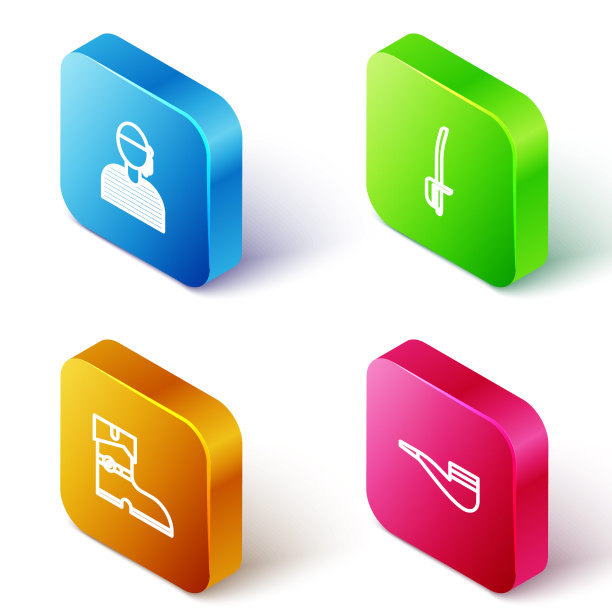 设置等距线水手船长，海盗剑，海盗皮靴和烟斗的图标。向量图片下载