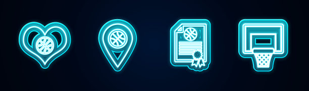 设置线心与篮球，位置，证书奖和篮球背板。发光的霓虹灯图标。向量图片下载