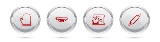 配套烤箱手套、厨房滤锅、电动搅拌机、擀面杖。银圈按钮。向量图片下载