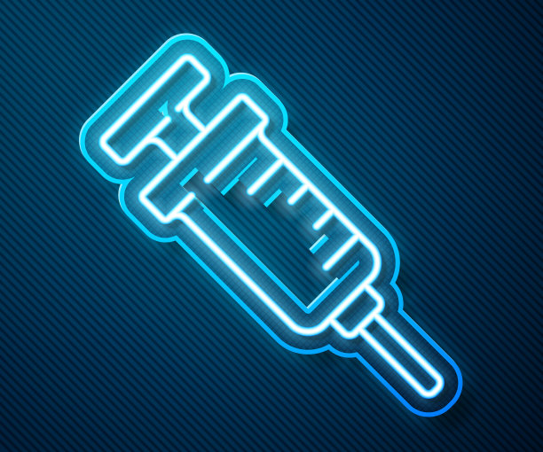 发光的霓虹灯线GMO注射器图标隔离在蓝色背景。转基因生物的缩写。Dna食品修改。向量图片下载