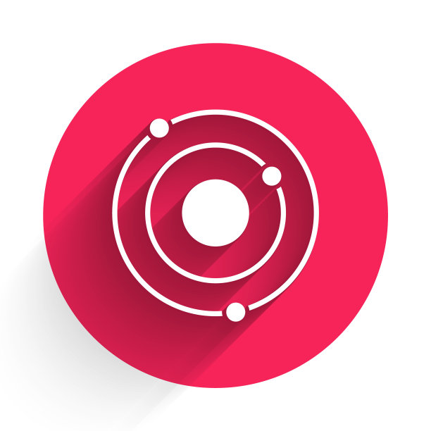 白色的太阳系图标与长阴影隔离。行星围绕恒星旋转。红色圆圈按钮。向量图片下载