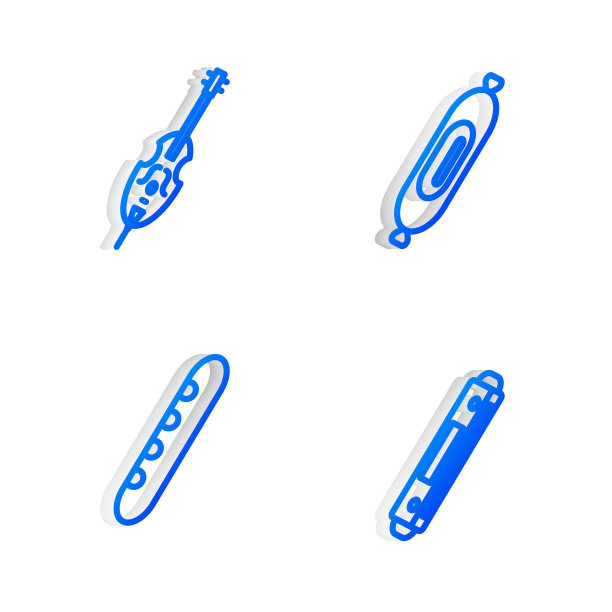 萨拉米香肠，小提琴，法式长棍面包和口琴图标。向量图片下载