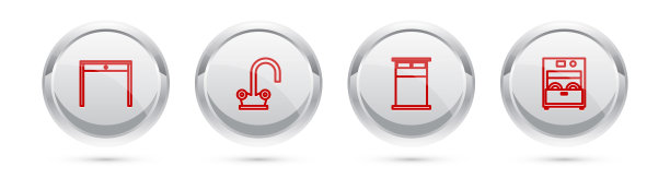 木桌，水龙头，大床，厨房洗碗机。银色圆圈按钮。向量图片下载