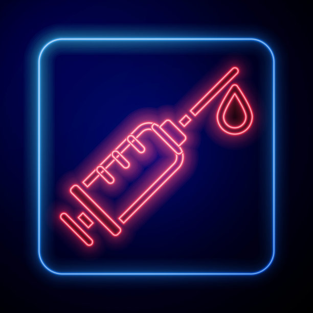 发光霓虹灯注射器图标隔离在蓝色背景。疫苗注射器，接种疫苗，注射，流感疫苗。医疗设备。向量图片下载