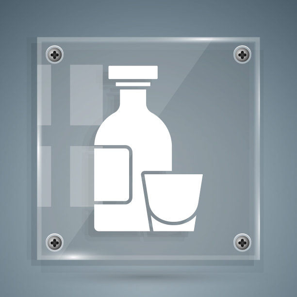 白色酒精饮料朗姆酒瓶和玻璃图标孤立在灰色背景。方形玻璃面板。向量图片下载