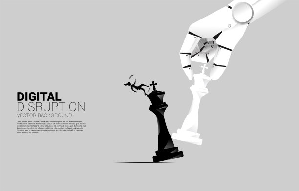 女商人侧影从机器人手中滑下棋子将死王。图片下载