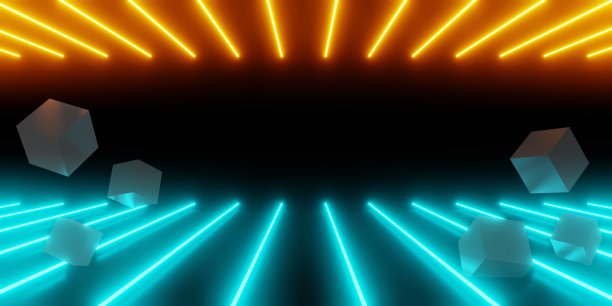 橙蓝色霓虹灯抽象背景和立方体形状的3d渲染，科幻房间，技术概念，产品展示，插图，壁纸图片下载