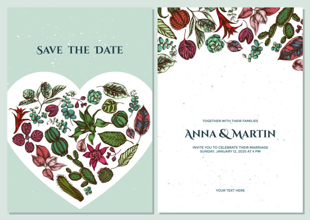 婚礼邀请卡与彩色榕树，鸢尾，kal鳀，calathea, guzmania，仙人掌图片下载