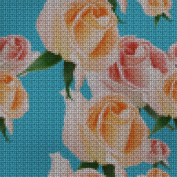 插图。十字绣。玫瑰花朵。纹理的鲜花。连续复制的无缝模式。花的背景,拼贴。图片下载