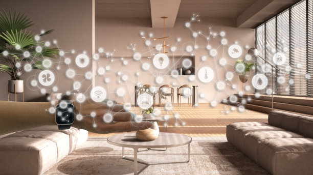 女人戴着智能手表，手臂，手腕，几何背景与连接的线和点显示物联网系统，家庭自动化概念在舒适的客厅图片下载