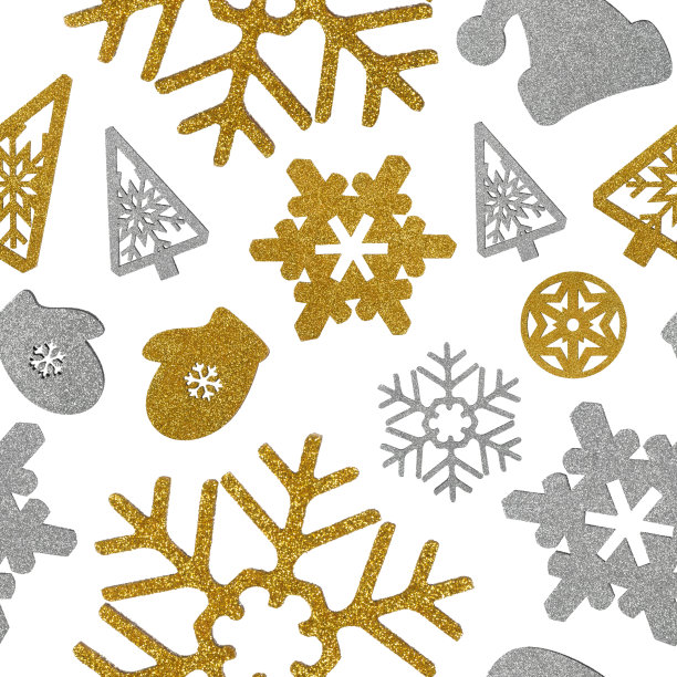 装饰圣诞雪花，圣诞树，圣诞老人帽，无缝图案，股票照片，孤立，无缝背景，银色和金色。图片下载