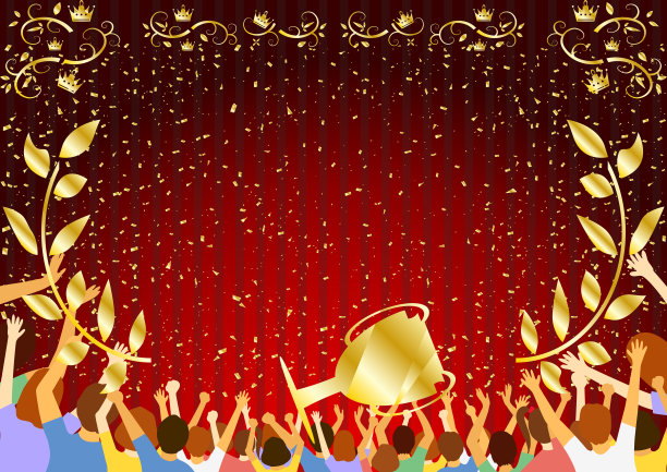 许多人有奖杯和红色条纹背景金色皇冠框架图片下载