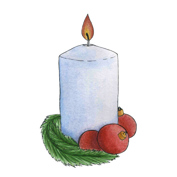 一支燃烧的蜡烛，一根冷杉树枝和红色的圣诞球。关于新年主题的插图图片下载