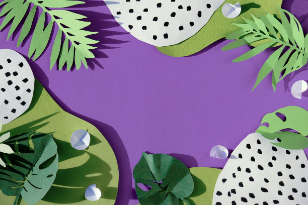 棕榈叶和怪物叶和斑点抽象形状在粉红色的纸背景，框架与copyspace图片下载