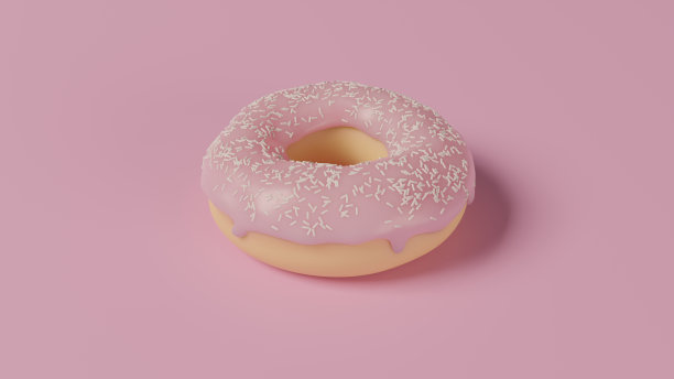 粉色甜甜圈与白色点缀在粉红色背景上的静物。侧视图。三维演示图片下载