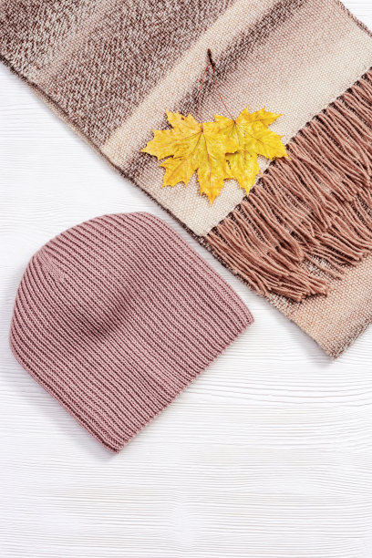时尚的羊毛暖围巾和手工编织的帽子，舒适的秋天女装装饰秋叶。平躺着，穿上舒适的衣服图片下载