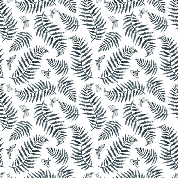 靛蓝蕨和飞蛾枝蓝靛蓝水彩手绘无缝图案图片下载