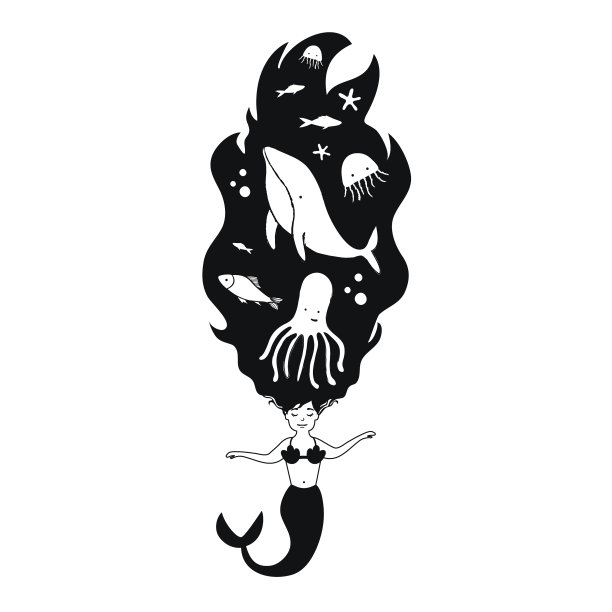 黑白与卡通美人鱼和鲸鱼图片下载