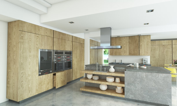 厨房里有木头和混凝土图片下载