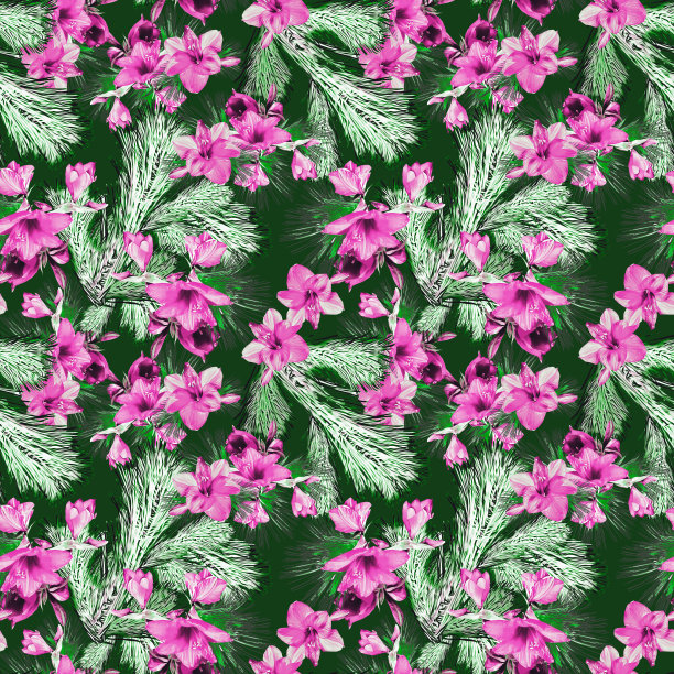 圣诞花束冷杉与孤挺花，图案无缝。图片下载