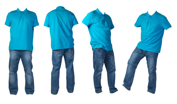 一组五张照片的男人t恤和牛仔裤孤立在白色背景。图片下载