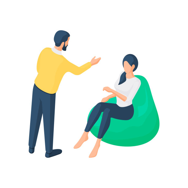 人们在办公室休息室聊天等距矢量图。女性人物坐在绿色的长椅上，用心倾听男人。图片下载